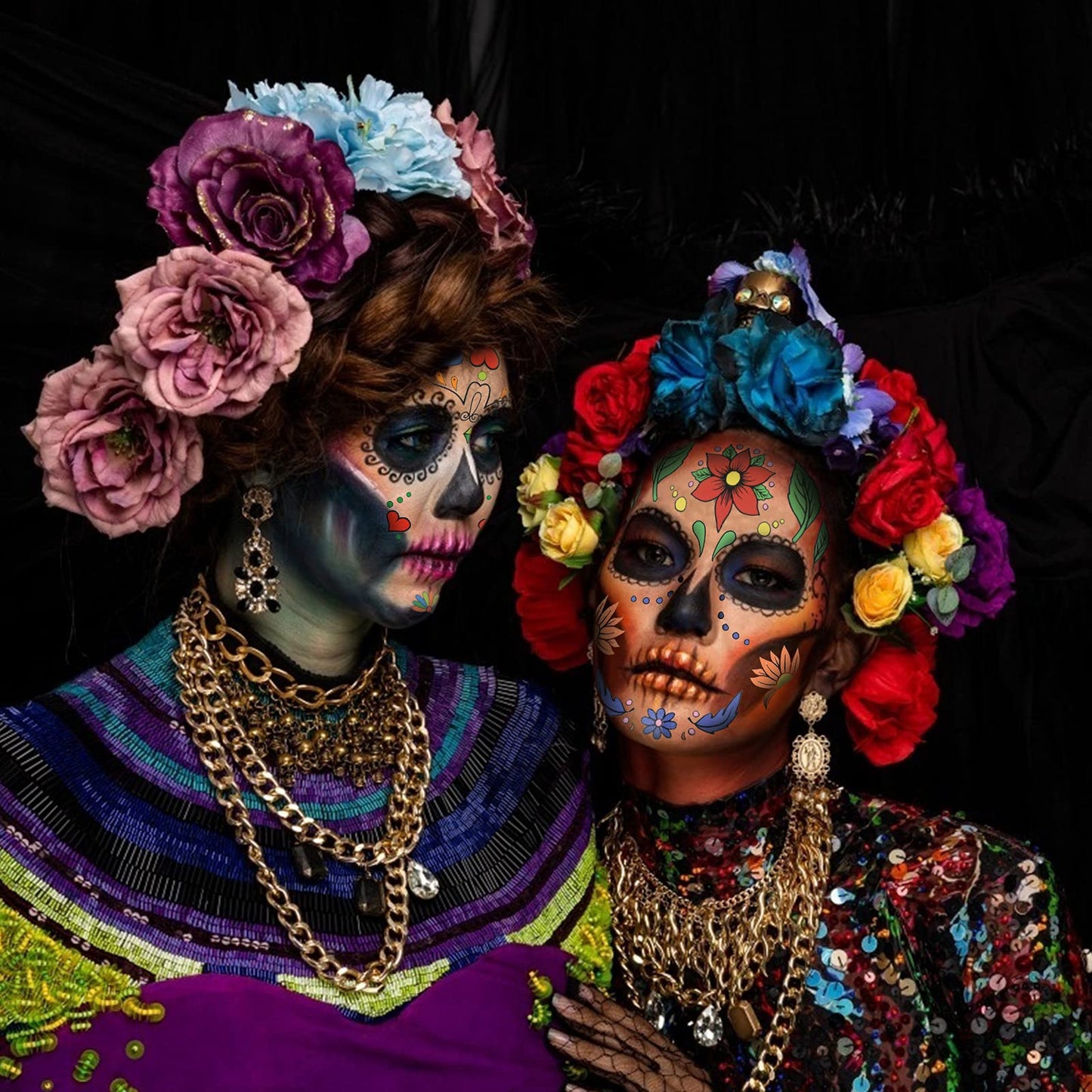 HAMOOM 8 Pack Halloween Face Temporary Tattoos Sugar Skull Floral Skeleton Web Red Roses Face Stickers Day of the Dead Make Up Stickers for Masquerade Carnival Cosplay Party