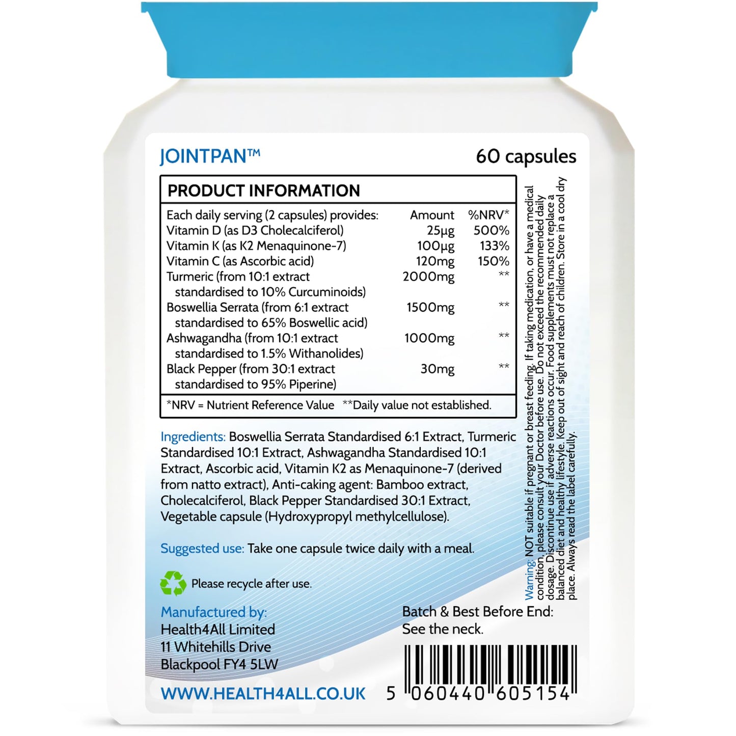 Health4All Jointpan Joint Support 60 Capsules with Boswellia Serrata, Turmeric, Ashwagandha, D3 & K2 MK-7, Strong Joint Pan, Stiffness and OA Support Supplement | Made in UK