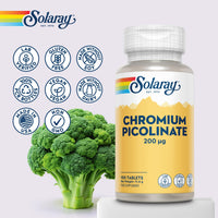 SOLARAY Solaray Chromium Picolinate 200mcg - 100 Vegan Tablets - High Absorption Chelated Supplement for Men and Women - Lab Verified & GMO Free