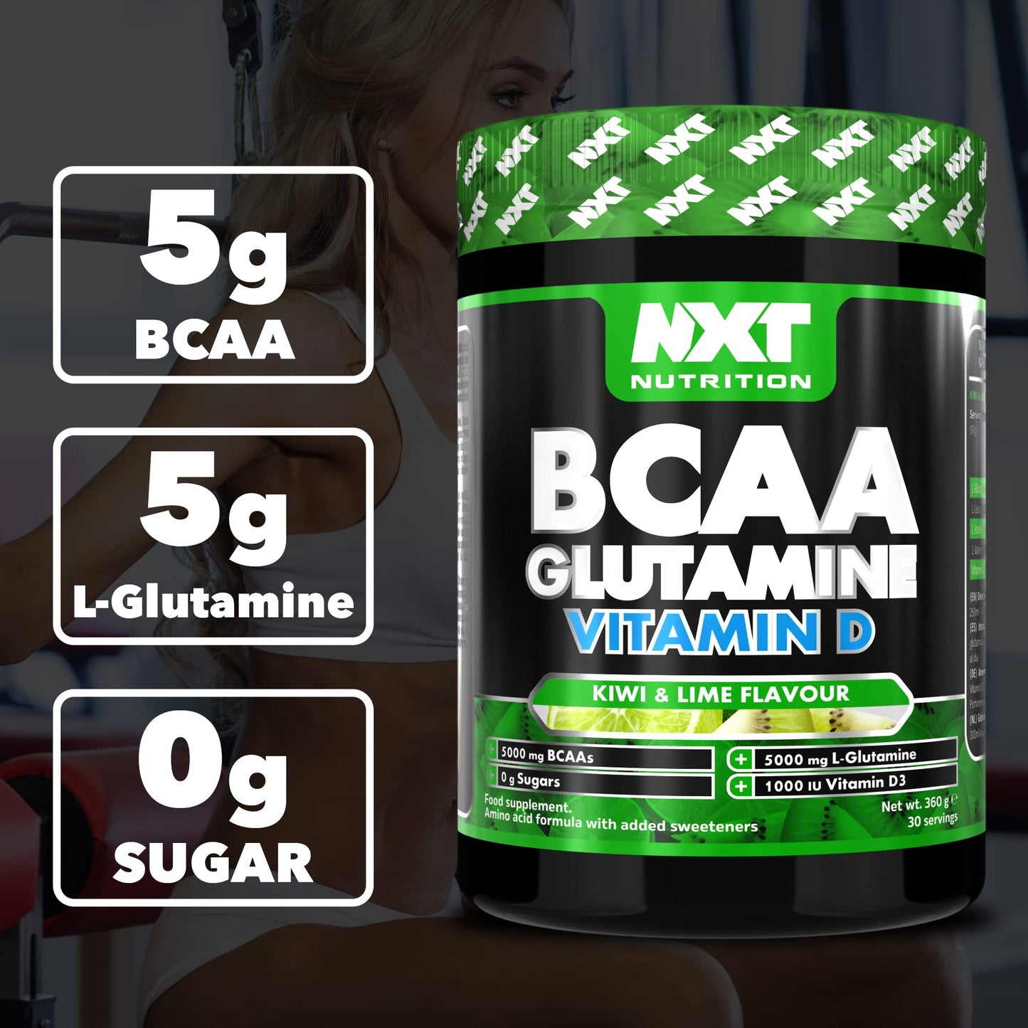 NXT Nutrition BCAA, Glutamine & Vitamin D | BCAAs Amino Acids with Vitamin D3 and L-Glutamine - for Recovery, Gut Health and Muscle Protein Synthesis | 360g - 30 Servings (Kiwi Lime)