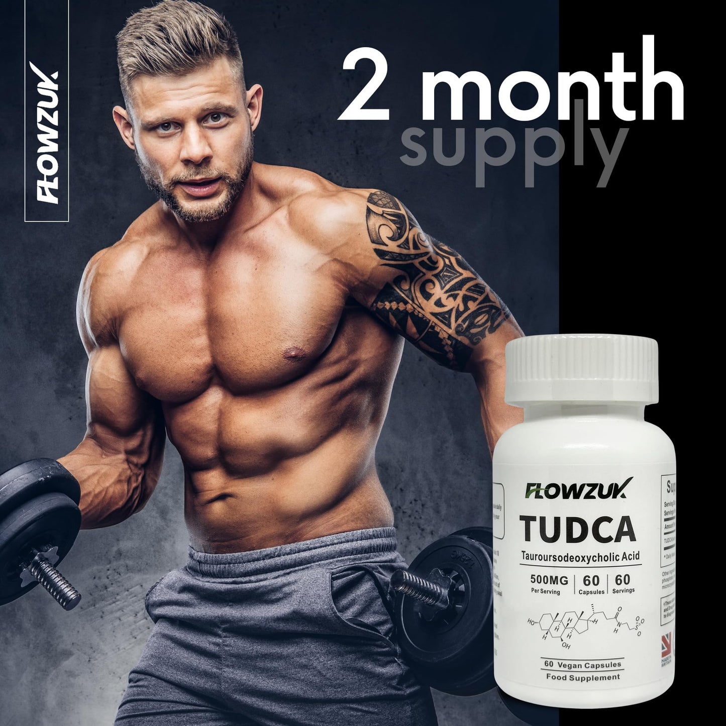 FLOWZUK TUDCA High Strength 60 Capsules - Tauroursodeoxycholic Acid, Liver Support Supplement, Enhances Proper Bile Production, Boosts Digestion and Immune System Support Flowzuk