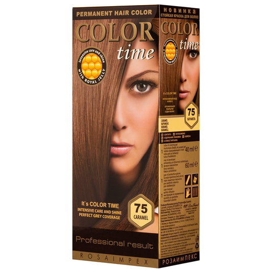 Color time COLOR TIME | Permanent Gel Hair Dye Caramel Color 75 | Enriched with Royal Jelly and Vitamin C | Permanent Hair Color | Covers Gray Hair | 100 ML