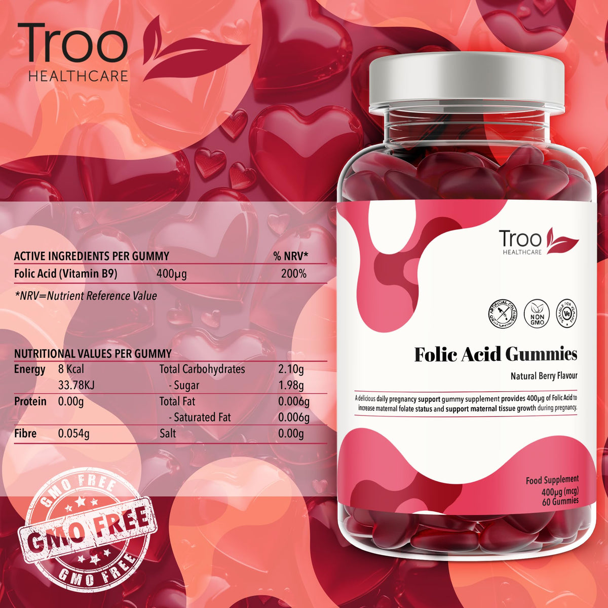 Troo Health Care Folic Acid 400μg Gummy Prenatal Supplement - 60 Natural Berry Flavour Gummies to Support Health Pregnancy & Foetus Development - No Common Allergens or GMO