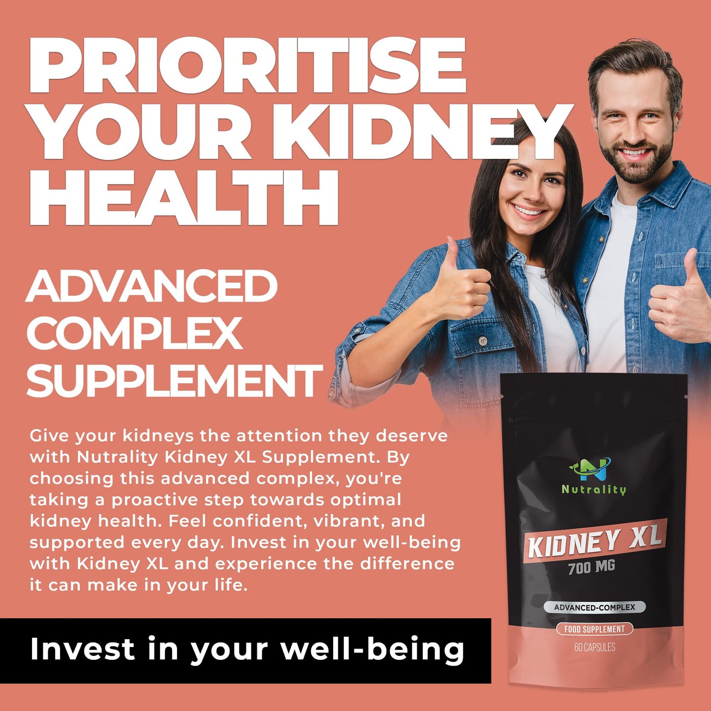 Nutrality Kidney XL Supplement 700mg Advanced Complex | Promotes Healthy Kidney Function and Urinary Tract Health | Natural Ingredients, Cranberry Extract | 60 Capsules. Vegan