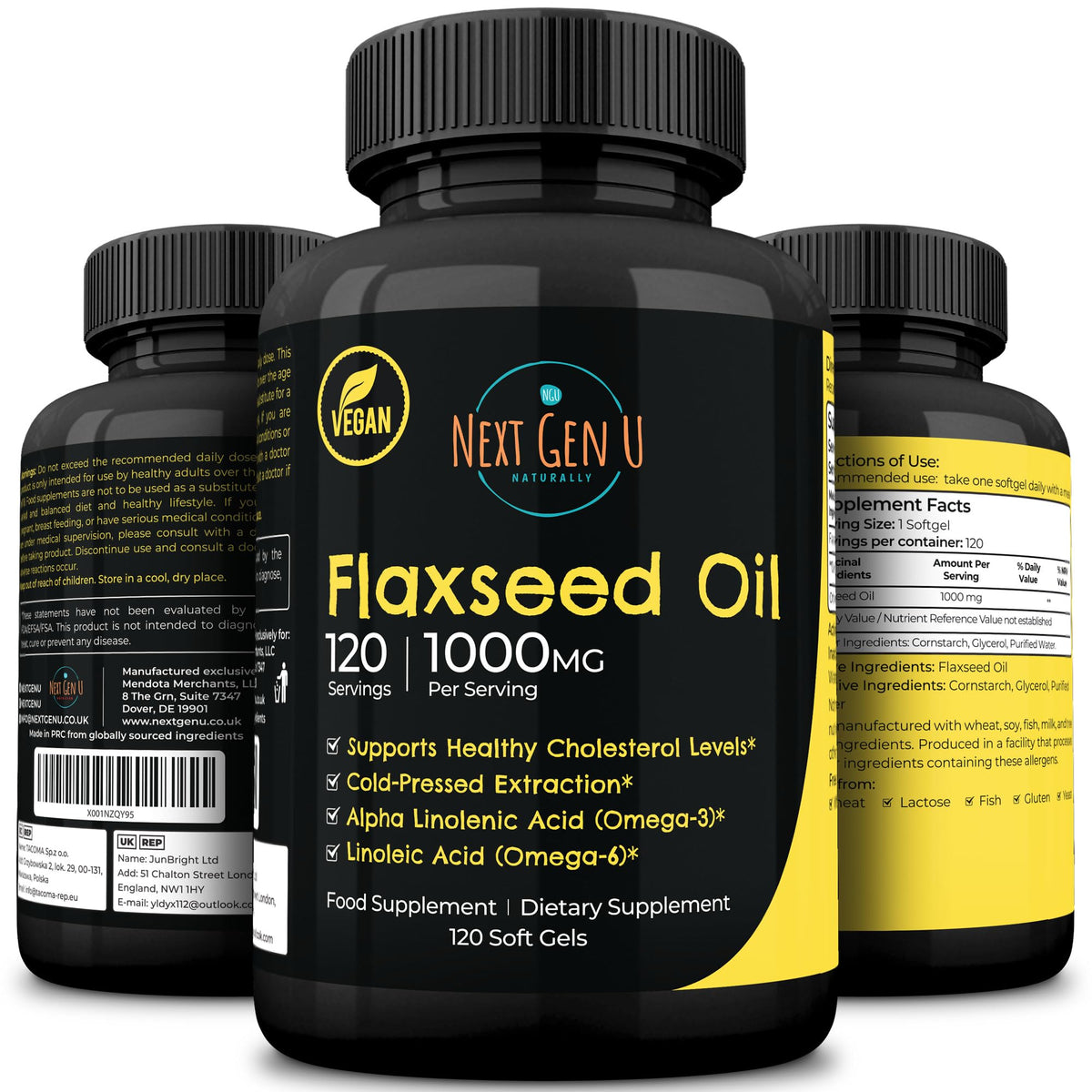 NGU Next Gen U Flaxseed Oil Capsules - 1000 mg - 120 Vegan Soft Gels - High in Omega 3, 6, 9 - Cold Pressed Flax Seed Formula - 4 Months Supply - by NextGenU