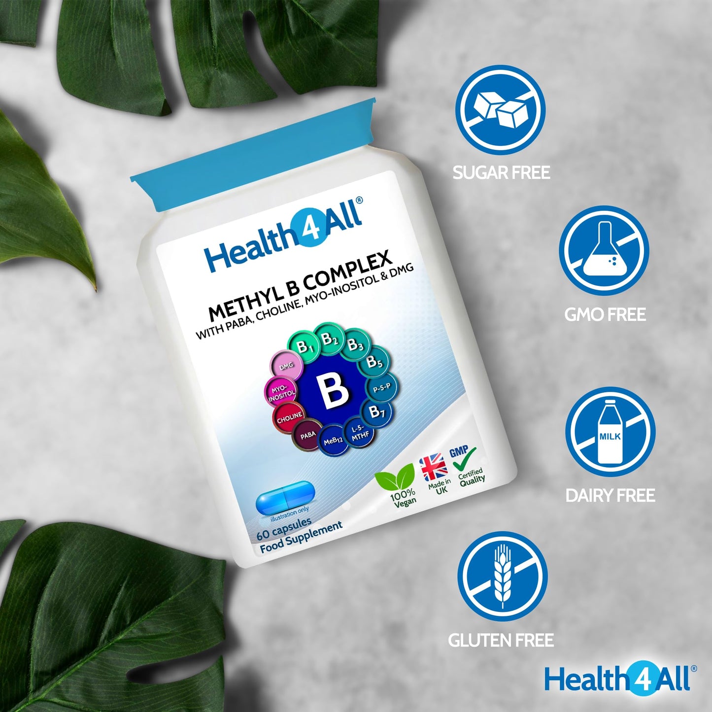 Health4All Methyl B-Complex, 60 Capsules with Methylcobalamin, Methylfolate, DMG & PABA Supplement, Support Stress, Energy, Methylation, Aid Nervous & Physiological Function | Made in UK (not Tablet)