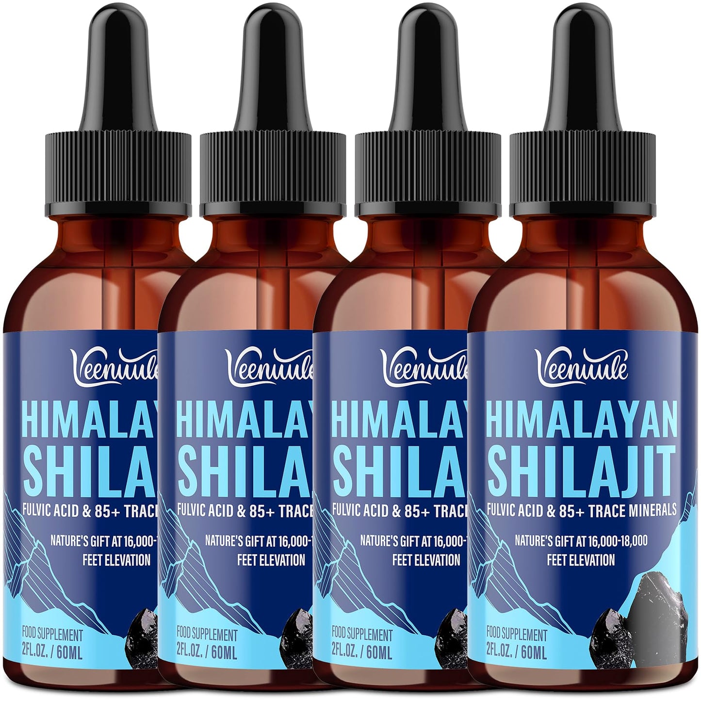 Veenuule Pure Shilajit Liquid Drops, High Potency Himalayan Shilajit Drops, Enriched with 60% Fulvic Acid and 85+ Trace Minerals, 5X Faster Absorption, Alternative to Resin and Capsules, 60ml (Pack of 4)