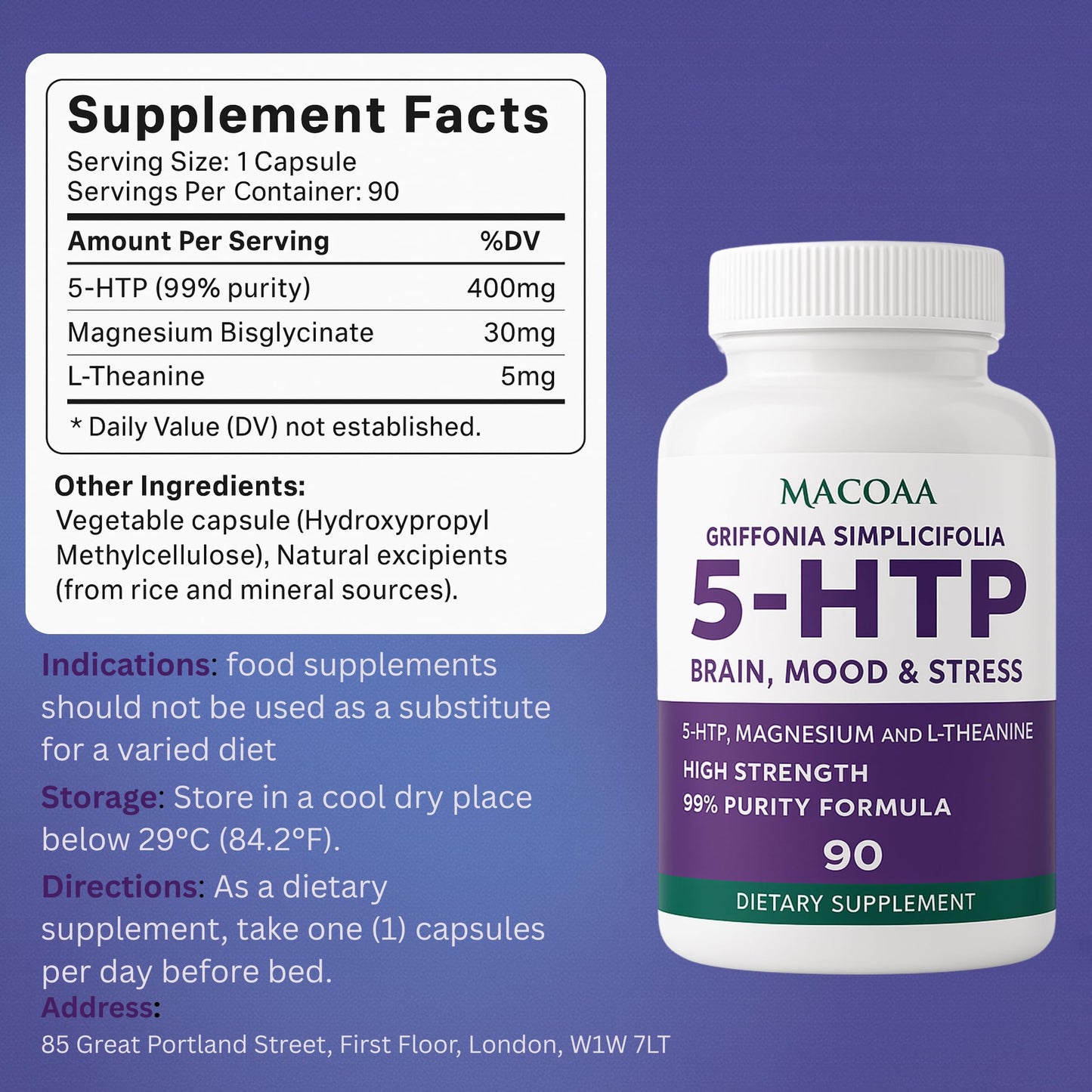 MACOAA 5-HTP Supplement, 4000mg High Strength, 99% Purity 5HTP Griffonia Seed Extract Complex with Magnesium Bisglycinate and L-Theanine, Sleep and Mood Support, 90 Capsules | 3 Month Supply