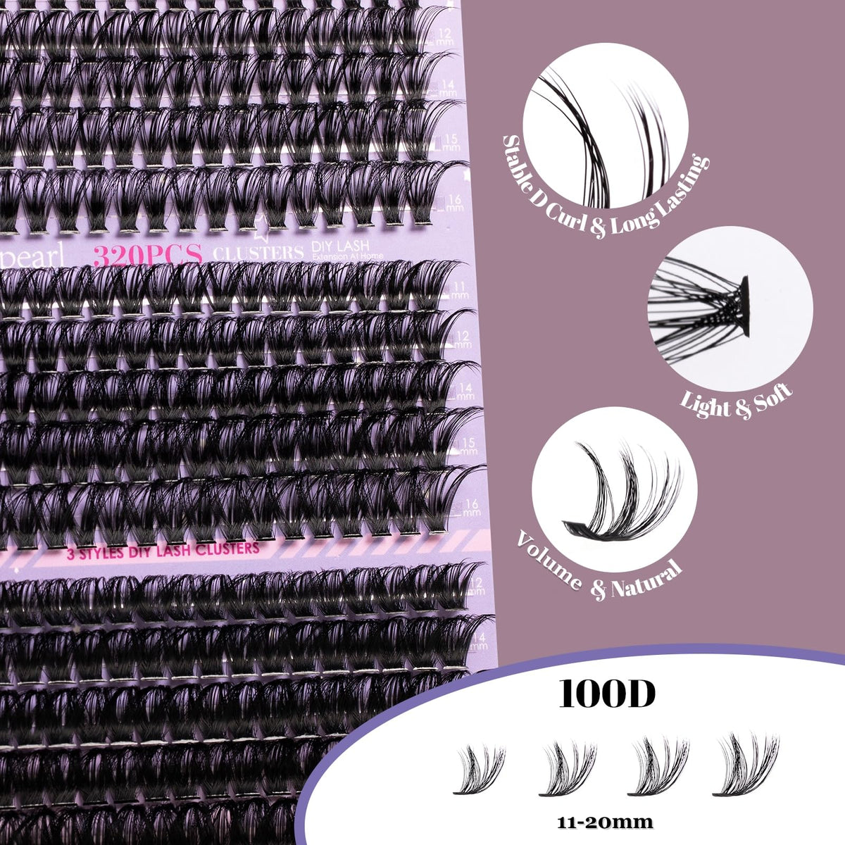 ocean pearl Ocean Pearl Cluster Lashes Kit 320PCS Individual Eyelashes 40D+50D+100D Eyelash Extension Kit 11-20mm False Eyelashes DIY Lash Extension Natural Lash Clusters with Super Bond&Seal&Remover&Tweezer-100D