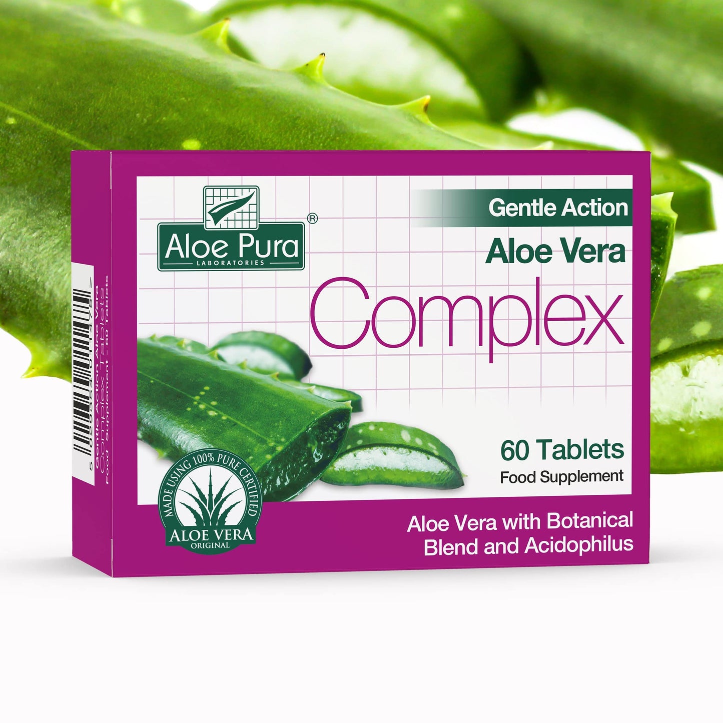 Aloe Pura Aloe Vera Gentle Action Complex Tablets, Natural, Vegetarian, Cruelty Free, Food Supplement, Botanical Blend, 60 Tablets
