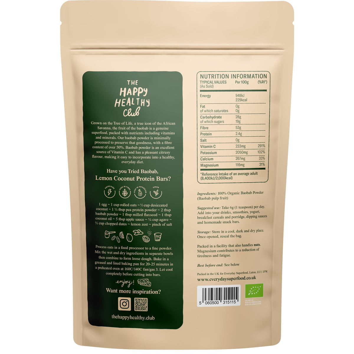 Everyday Superfood Organic Baobab Powder 50g, High Vitamin C, Perfect in Smoothies, Tea and Baking