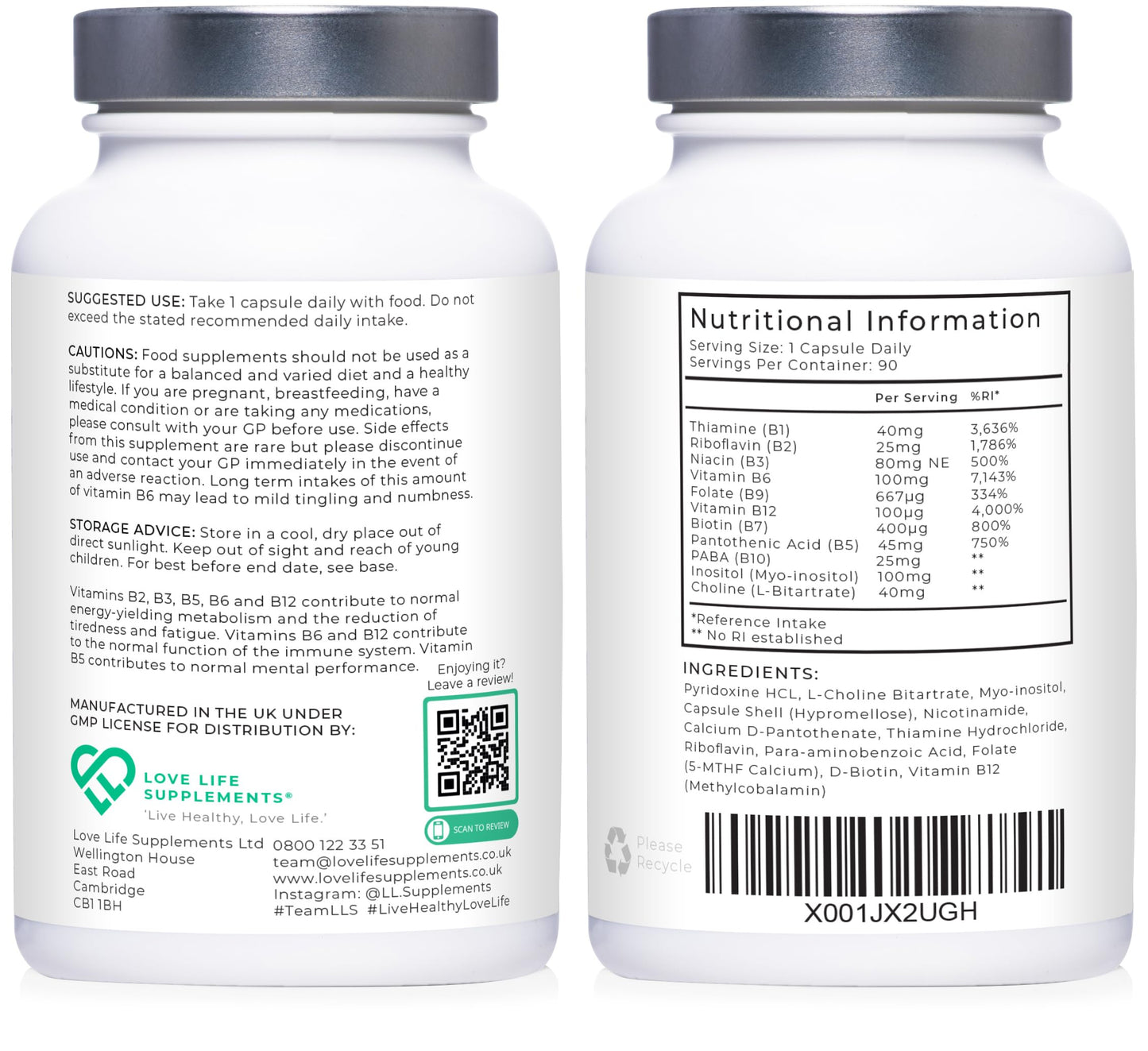 Vitamin B Complex High Strength | 90 Capsules - 90 Day Supply | All 9 B Vitamins B1-B2-B3-B5-B6-B7-B9-B10-B12, Inositol and Choline | Completely Clean - No Fillers | Love Life Supplements