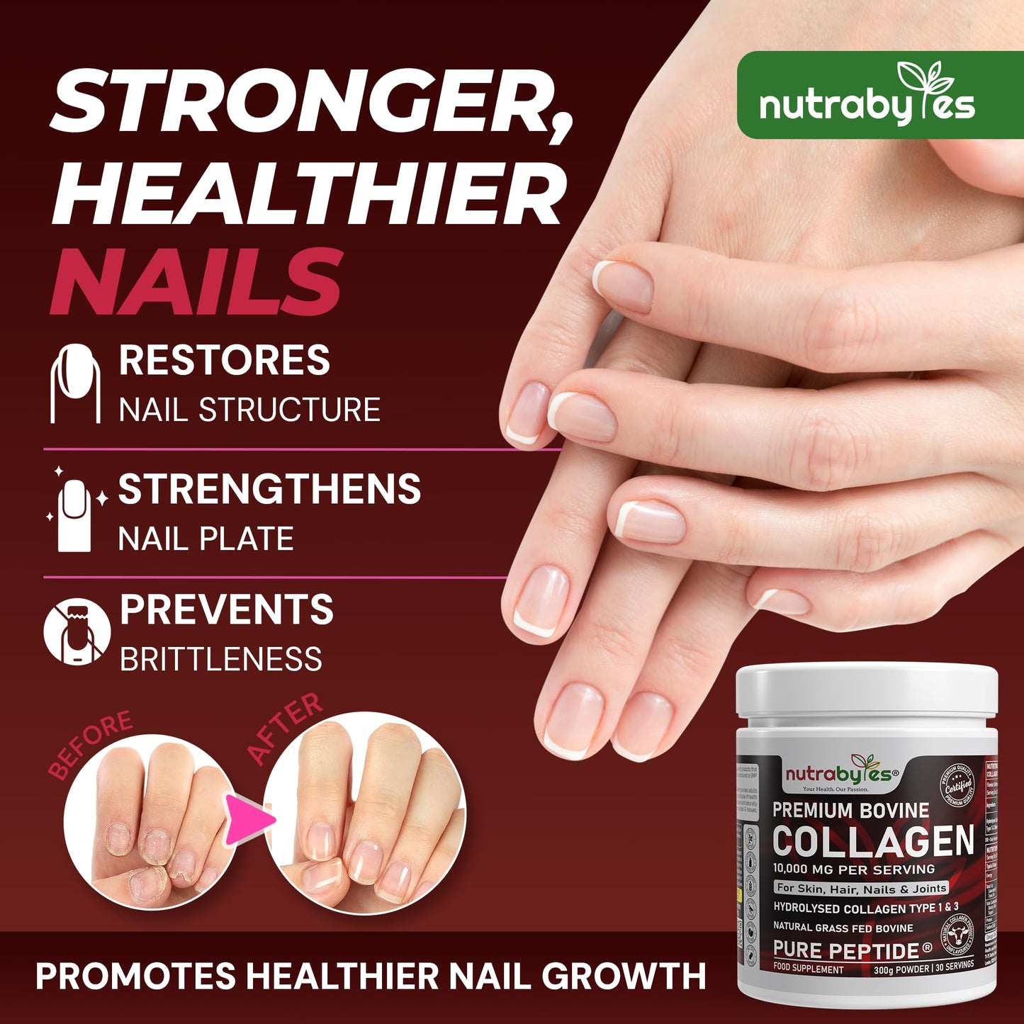 NUTRABYTES Bovine Collagen Powder 10000mg | Grass Fed Hydrolysed Collagen Peptides Type 1 & 3 | Unflavoured | Skin Hair Nails | 19 Amino Acids | Kosher Halal Certified | Women & Men | 30 Day Supply