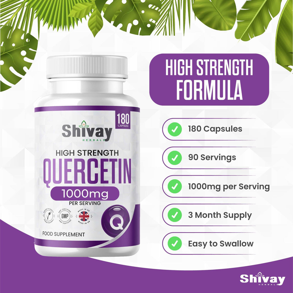Pure Quercetin (Sophora Japonica) Supplement |1000mg Per Serving | 180 Vegan Capsules - 3 Month Supply | Natural Antioxidant | Made in The UK by Shivay Herbals