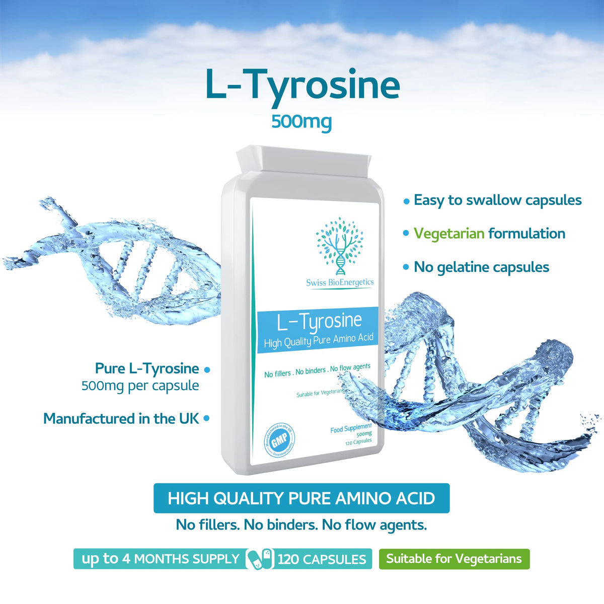 swiss bioenergetics L-Tyrosine 500mg 120 Capsules - Pure Amino Acid with No Fillers or Binders or Flow Agents – an Amino Acid Nutritional Supplement Suitable for Vegetarians - UK Made