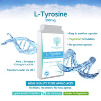 swiss bioenergetics L-Tyrosine 500mg 120 Capsules - Pure Amino Acid with No Fillers or Binders or Flow Agents – an Amino Acid Nutritional Supplement Suitable for Vegetarians - UK Made