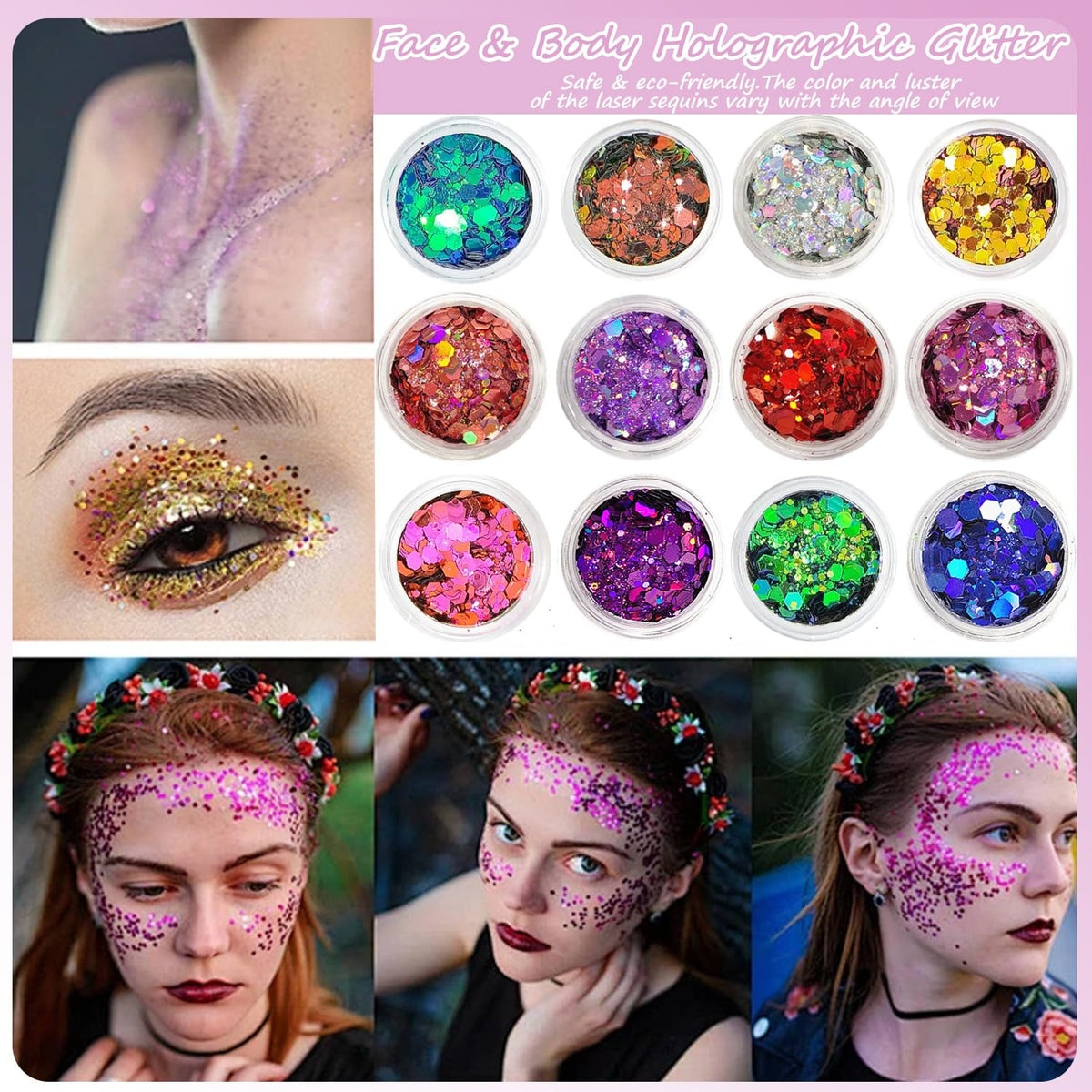 June tech 12 Colors Festival Glitter, Nail Glitter Powder, Holographic Cosmetic Glitter for Face Body Eye Hair Nail and DIY Art