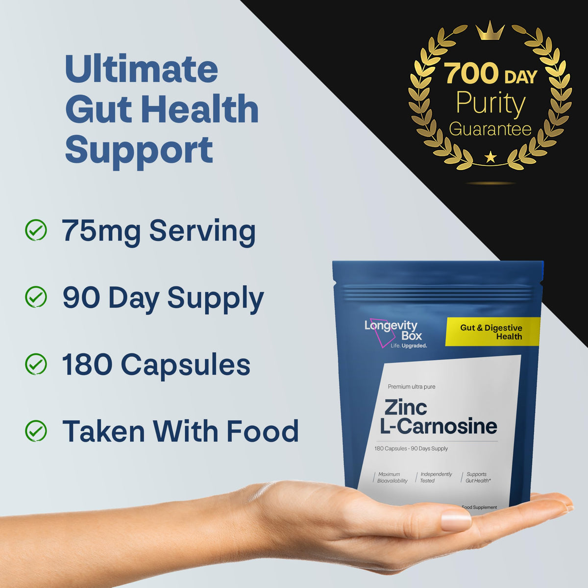 Longevity Box Zinc L-Carnosine Supplement - 75mg x 180 Capsules of Maximum Bioavailable Zinc L-Carnosine 2 Per Serving, Supports Gut Health, Nutrient Absorption, Digestive Comfort - 3 Months Supply