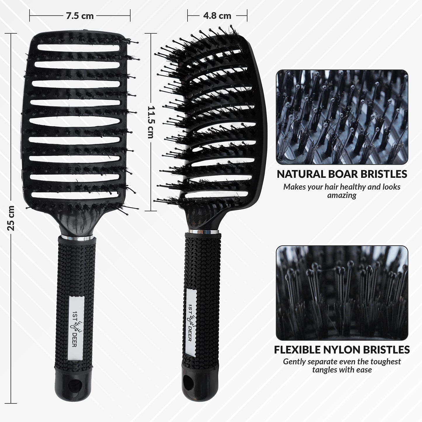 1st Deer Detangling Nylon Bristle Brush, 2 pcs Styling Hair Brush, Curved Vented Hairbrush for Faster Drying, Detangler for Dry Wet Long Thick Curly Straight Hair (White, Black)