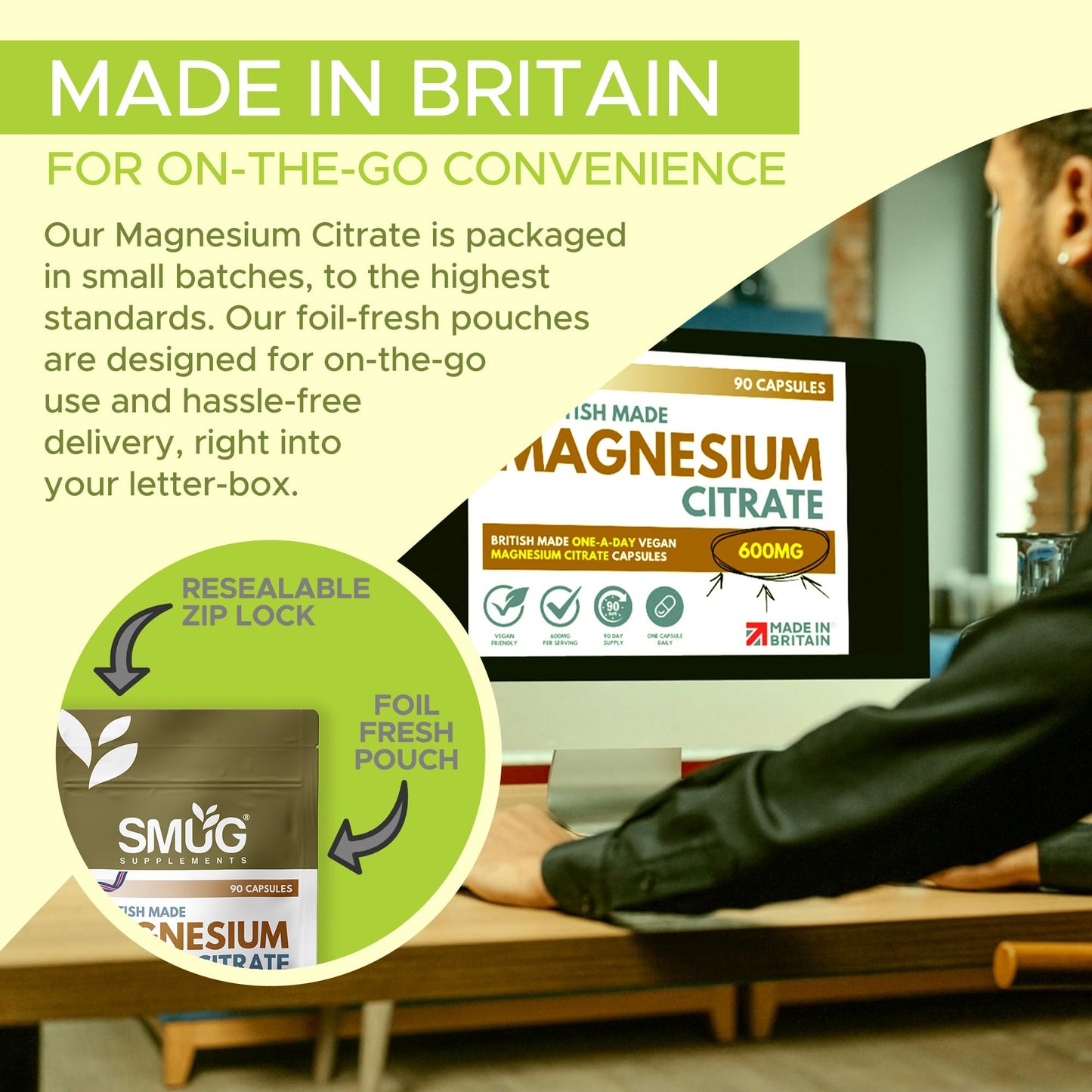 Magnesium Citrate 600mg – 180mg Elemental Magnesium – 90 Vegan Capsules – Daily Supplement – Made in Britain – SMUG Supplements