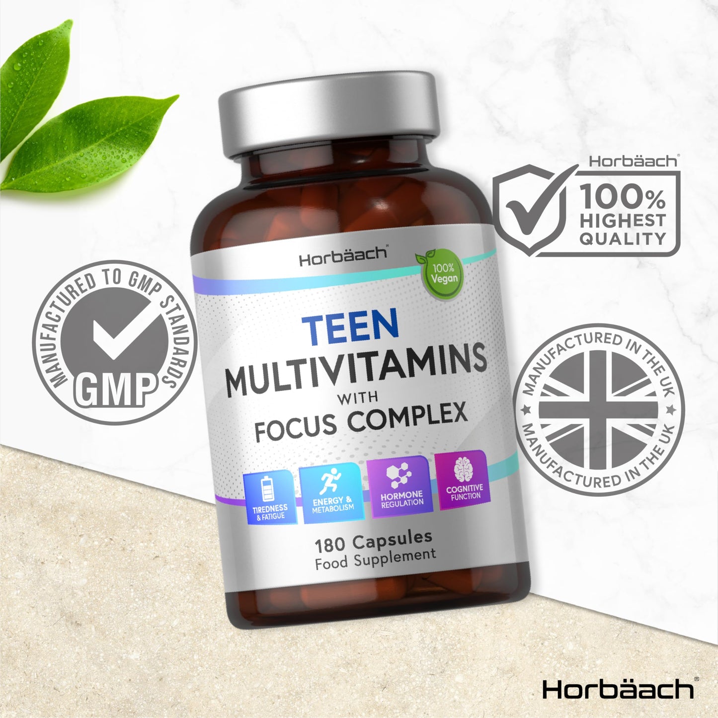 Multivitamin Tablets for Teens | 180 Capsules | Focus Complex for Energy, Hormone and Cognitive Support | Vegan Supplement for Teenage Boys & Girls | by Horbaach