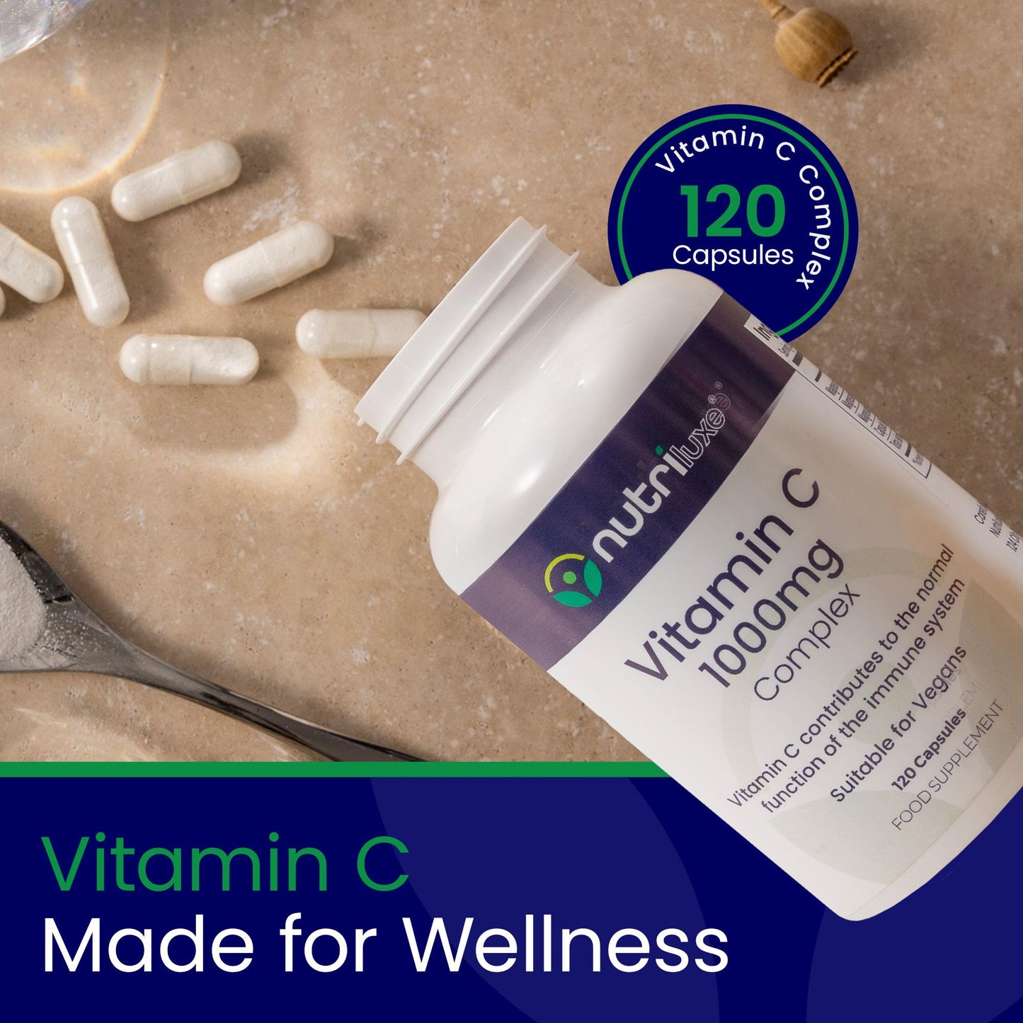 nutriluxe Nutriluxe High Strength Vitamin C 1000mg -120 Capsules - Vitamin C with Acerola Fruit, Rose Hip, Calcium and Magnesium Supplements for Immune System Support Men & Women