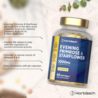 Horbäach Evening Primrose and Starflower Oil Capsules 1000mg | with Vitamin B6 | 60 Softgels | Rich Source of Omega 6 GLA & 9 Oleic Fatty Acids | by Horbaach