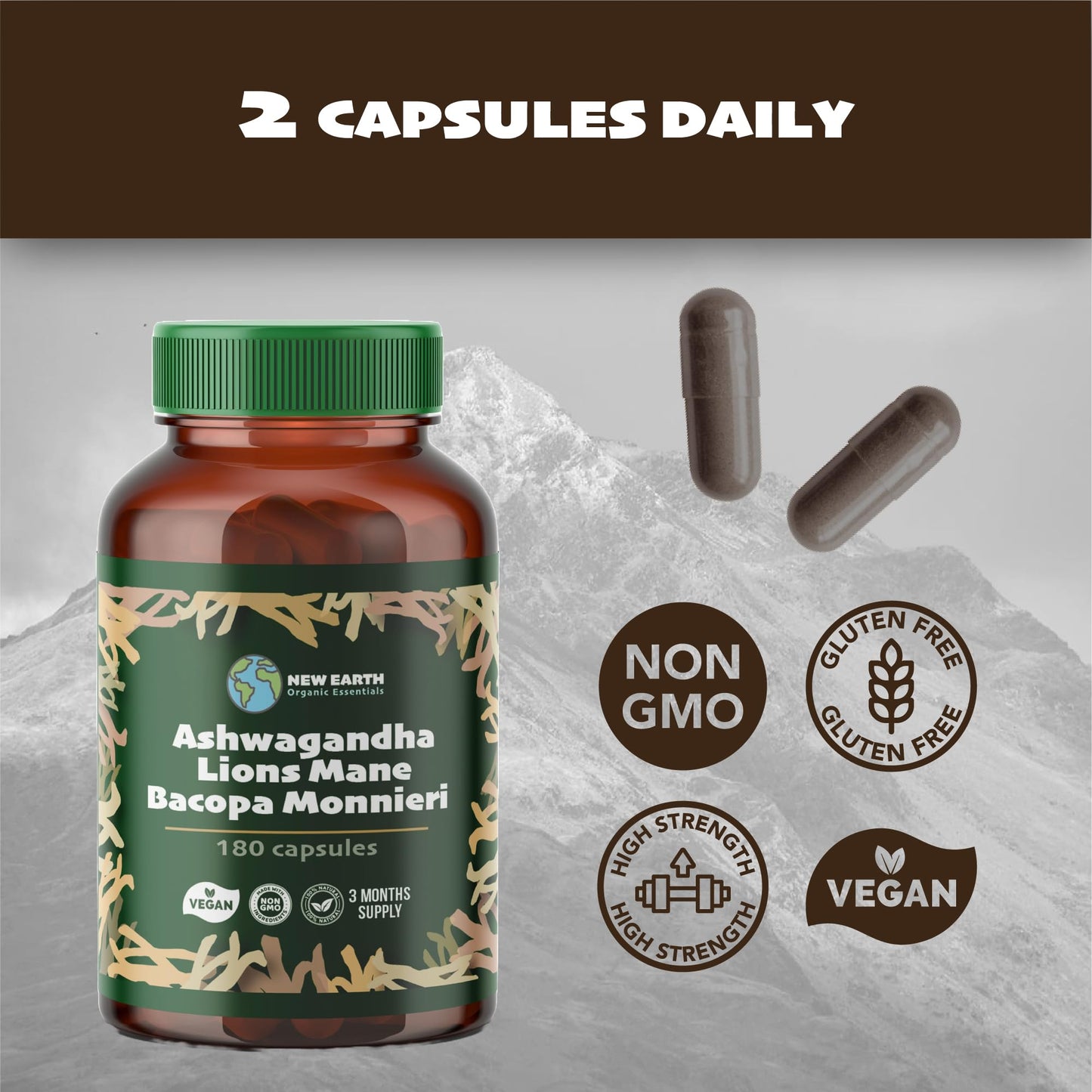 Ashwagandha, Lion's Mane, Bacopa Monnieri Capsules - Supports a Calm and Balanced Mind, Cognitive Function, and Mental Clarity - 180 Capsules - 3 Month Supply - Vegan, Non-GMO, 100% Natural