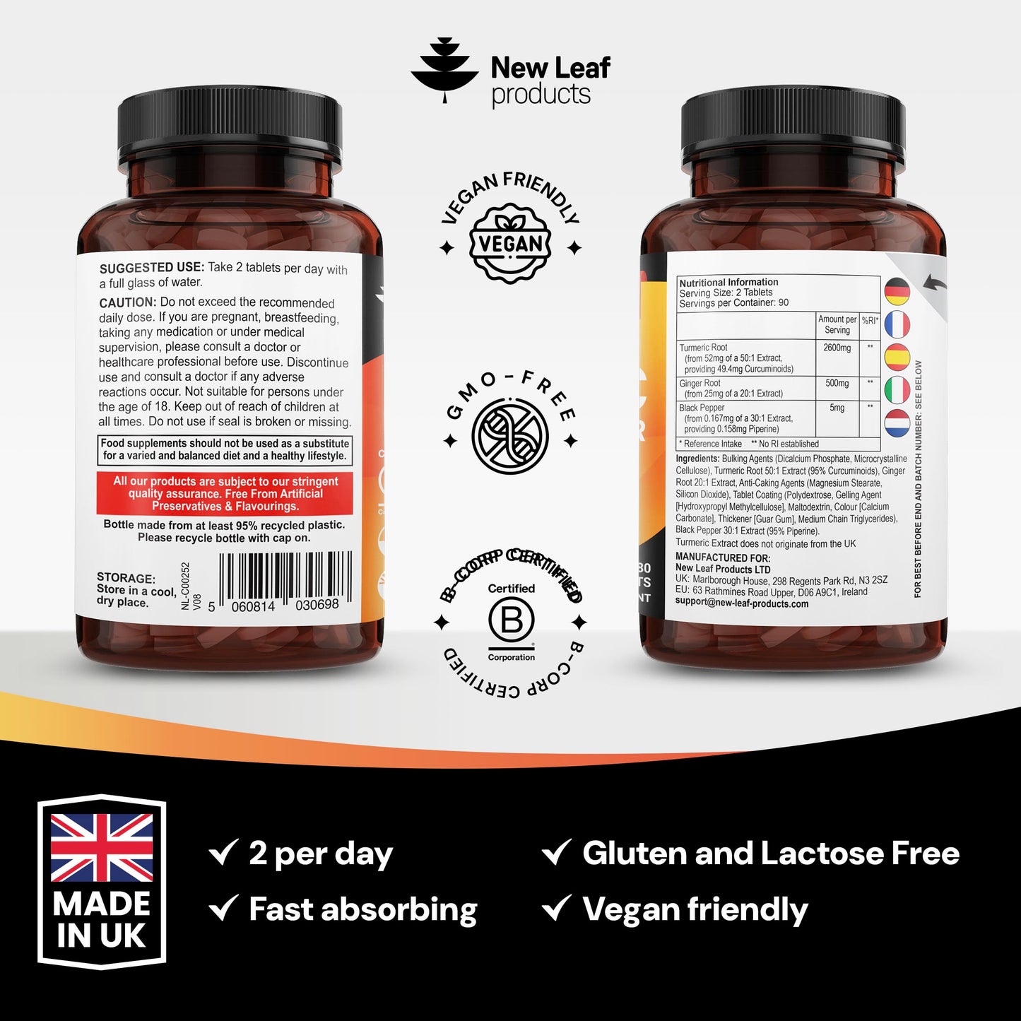 NEW LEAF PRODUCTS Turmeric Tablets 2600mg High Strength with Black Pepper & Ginger (6 Months Supply) Active 95% Turmeric Curcumin Supplements 365 Tablets Not Capsules, Vegan, UK Made by New Leaf