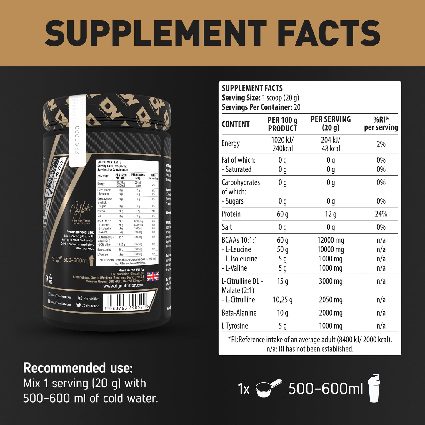 DY Nutrition HIT BCAA 10:1:1 (Pineapple) with L-Citrulline Malate, Beta Alanine + 12g of Branch Chain Amino Acids 400g Powder, 20 Servings - Optimal Pump & Performance | Non Stim Pre & Intra Workout