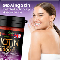 Red Label Health Biotin Hair Growth Supplement 10000mcg - 365 Vegan Tablets (1 Year Supply) - Hair Skin & Nails Vitamins for Women & Men - High Absorption D-Biotin - Hair Growth Vitamins