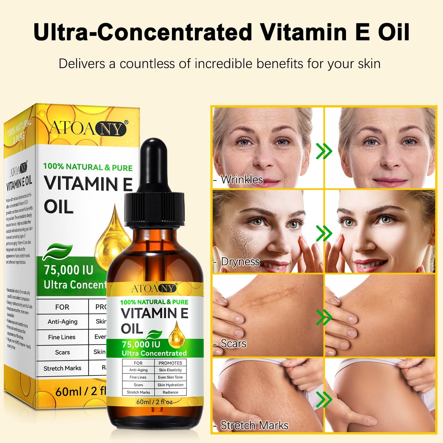 Vitamin E Oil for Skin and Face, Pure Vitamin E Hair Oil, Natural Nourishing Body Oil for Deep Hydration, Anti-Aging and Firming Skin, Anti-Drying, Reducing Fine Lines - 60ml