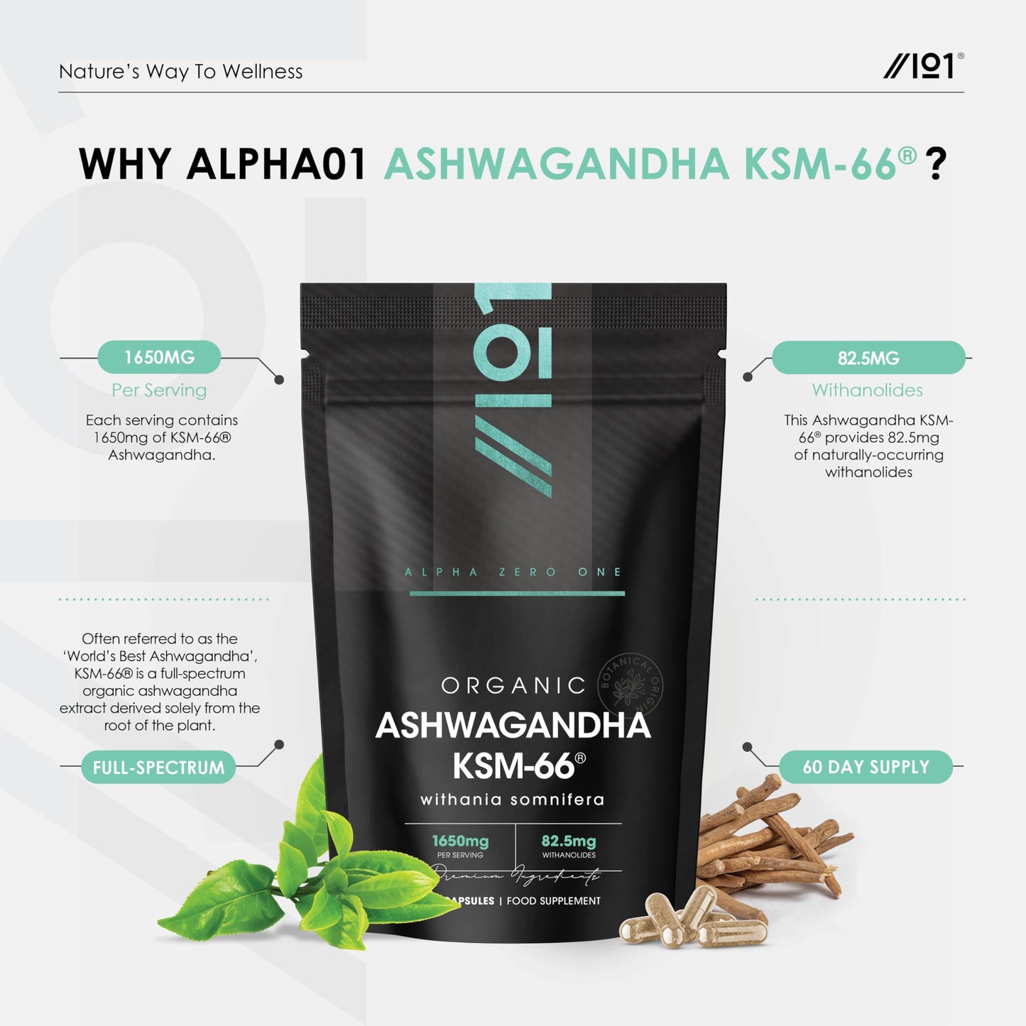 ALPHA01 Organic Ashwagandha KSM-66® 1650mg - 5% Withanolides with Black Pepper – 180 Vegan Capsules – Resealable and Recyclable Pouch by Alpha01