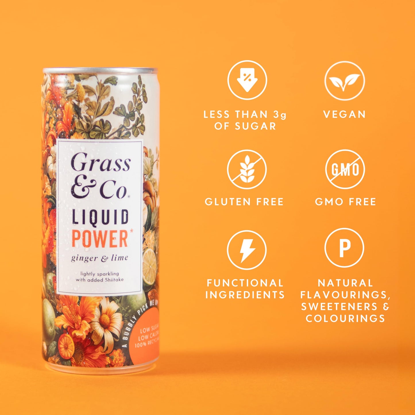 Grass & Co. Grass & Co | POWER Shiitake Mushroom | Enhances Energy Levels & Well-being | Shiitake Extract, Holy Basil, Iron, Vitamins B9 & B12 (12 x 250ml, POWER)