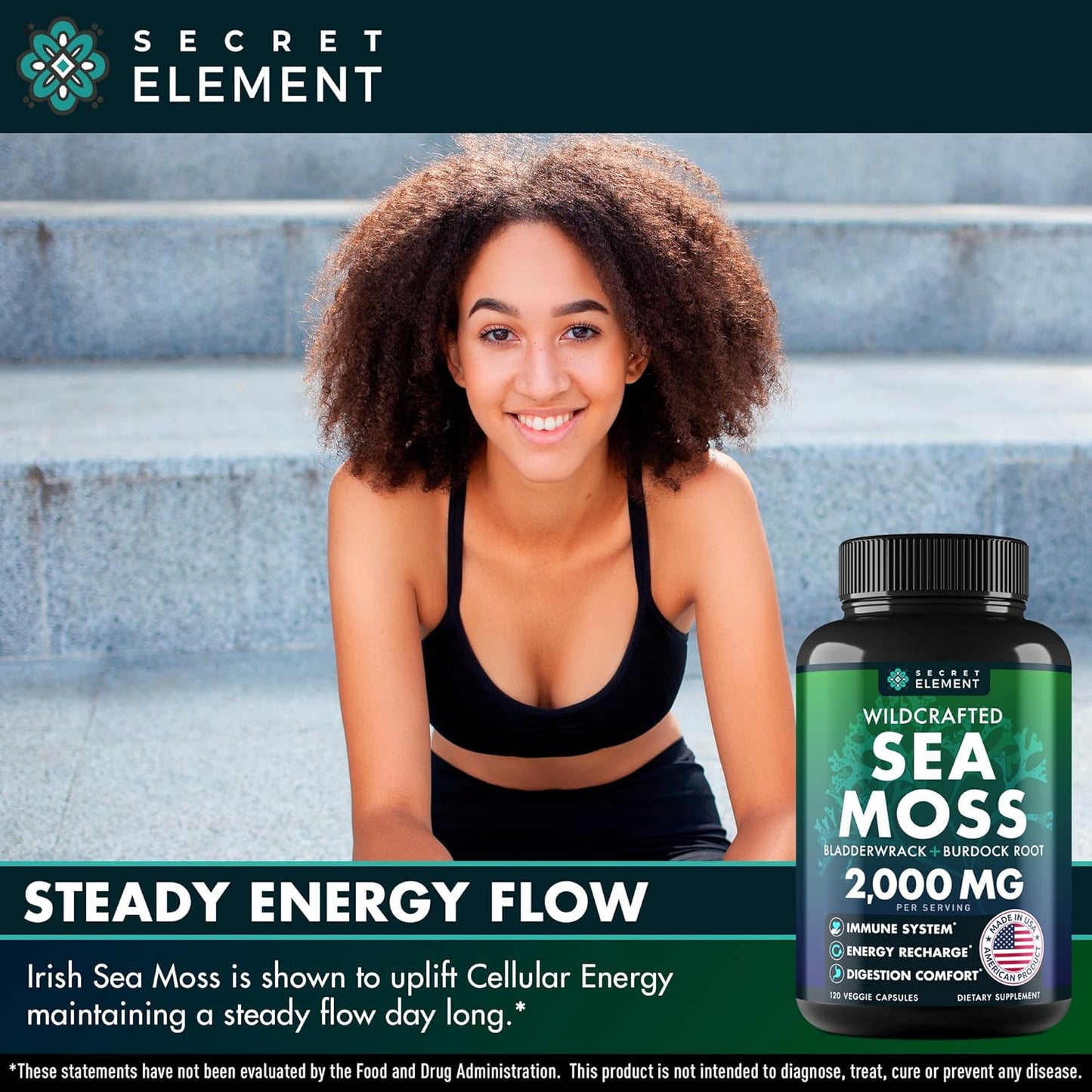 Secret Element Irish Sea Moss Advanced with Burdock Root, Bladderwrack & Muira Puama, 120 Caps