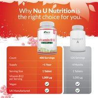 Vitamin B12 1000mcg - 400 High Strength Vegan Tablets - VIT B12 Methylcobalamin - 13 Month Supply - Contributes to The Reduction of Tiredness & Fatigue