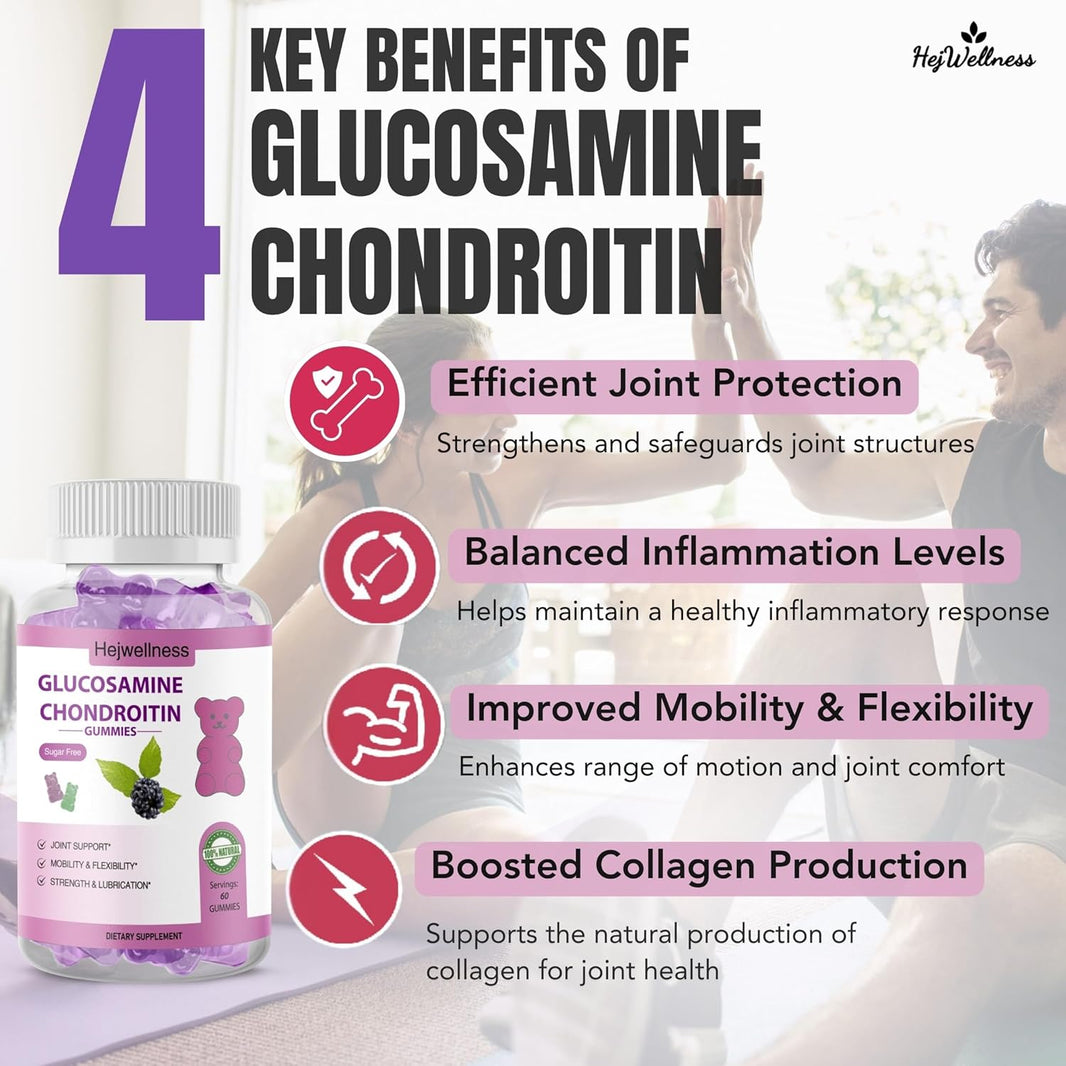 Glucosamine Chondroitin Gummies with MSM & Elderberry - Vitamin E for Joint Flexibility & Comfort - Raspberry Flavor - 60 Gummies