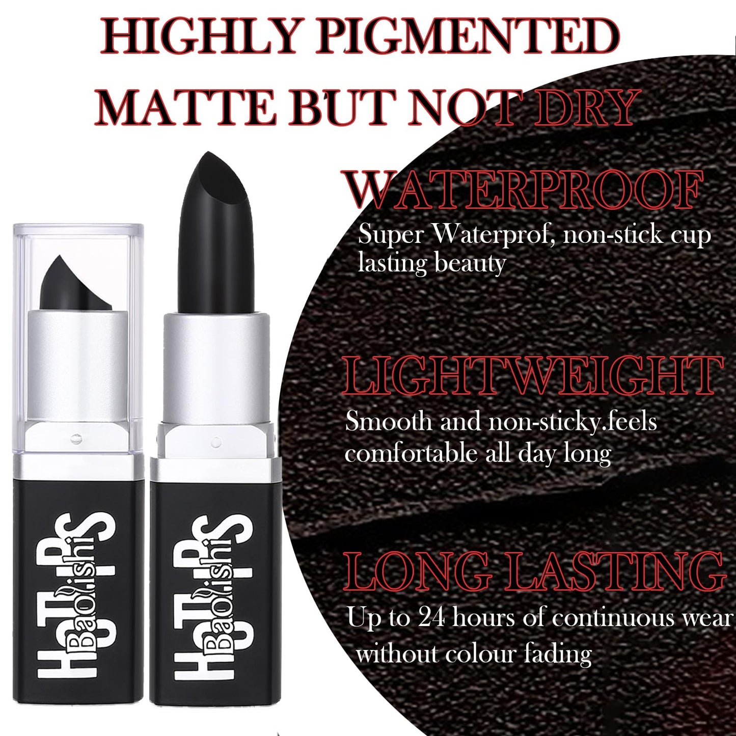GEEWHILE Black Lipsticks for Women Long Lasting ighly Pigmented Black Lipstick Matte Lightweight Moisturised Lip Gloss, Black Lipstick for Halloween Cosplay