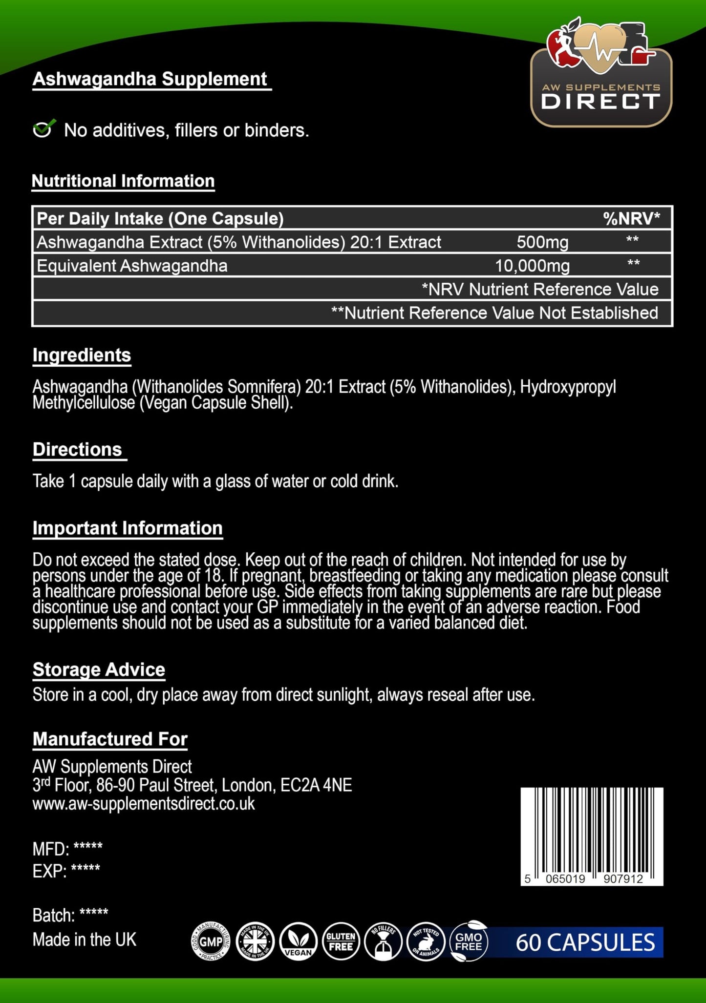 AW Ashwagandha | 60 Ashwagandha High Strength Capsules - 500mg Ashwaganda Extract per Capsule | Aswaganda Supplement | Non-GMO Gluten, Allergen & Filler Free | Manufactured in The UK