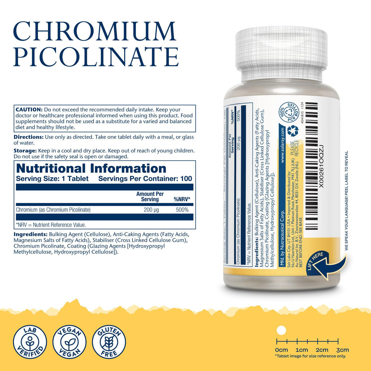 SOLARAY Solaray Chromium Picolinate 200mcg - 100 Vegan Tablets - High Absorption Chelated Supplement for Men and Women - Lab Verified & GMO Free