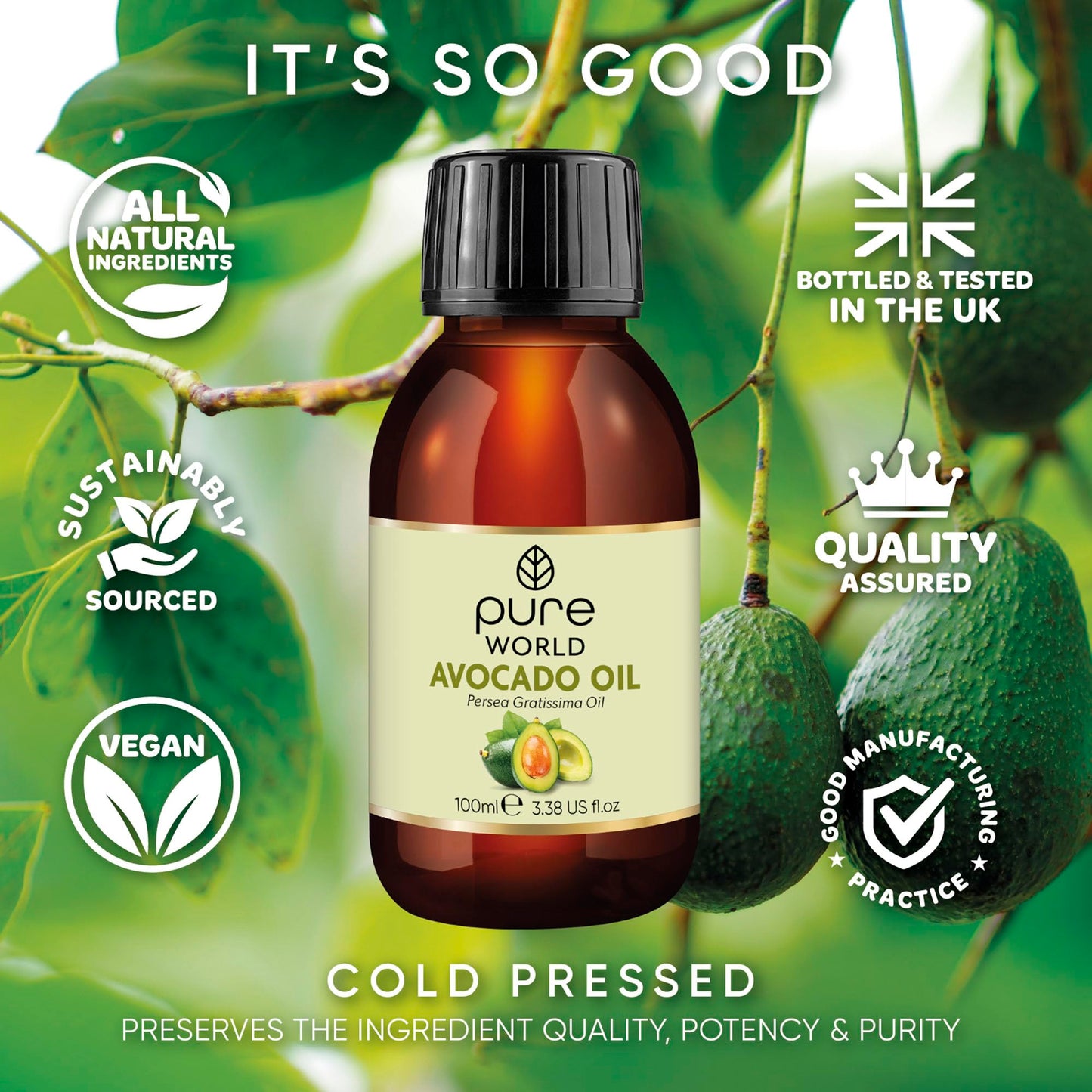 Pure World Avocado Oil 100ml 100% Pure and Natural Cold Pressed Premium Quality Avocado Oil Skin, Edible