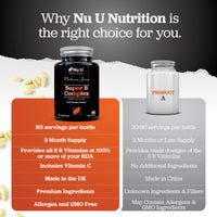 Super Vitamin B Complex - High Absorption Methylated B Vitamins with VIT C - 90 Timed Release Vegan Tablets - 3 Month Supply - B1, B2, B3, B5, B6, B8, B9 & B12 - Made in The UK - Nu U Nutrition