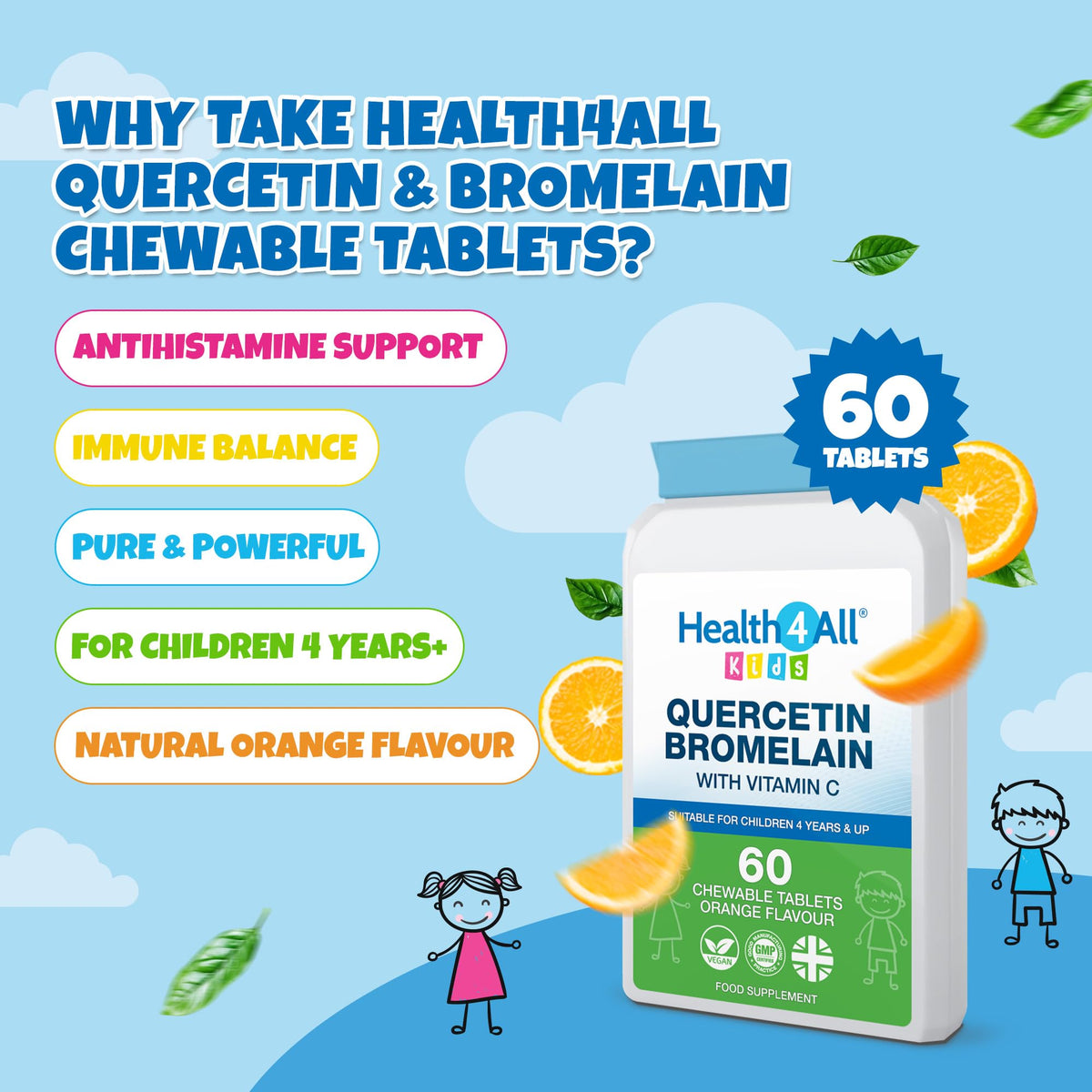 Health4All Kids Quercetin with Bromelain and Vitamin C, 60 Chewable Tablets, Vegan Natural Antihistamine Supplement, Inflammation Support, Sugar-Free Orange Flavour | Made in UK