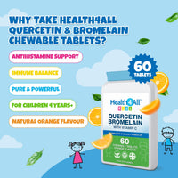 Health4All Kids Quercetin with Bromelain and Vitamin C, 60 Chewable Tablets, Vegan Natural Antihistamine Supplement, Inflammation Support, Sugar-Free Orange Flavour | Made in UK