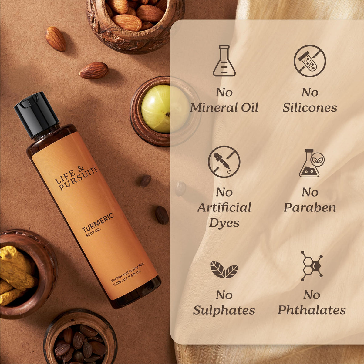 Life & Pursuits Turmeric Body Oil 200 ml - Ayurvedic Natural Body Massage Oil with Vitamin E, Coconut Oil, Almond & Squalane| Reduces Dark Spots, Brightens Skin, Hydrates & Moisturizes Dry Skin
