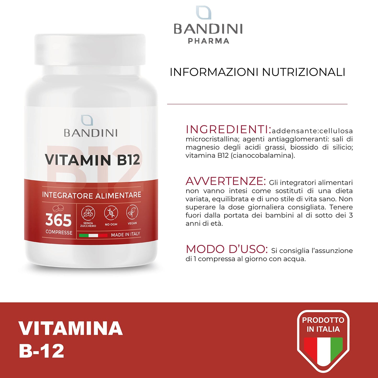 BANDINI Bandini® Vitamin B12 365 Vegan (1 Year Coverage) - Methylcobalamin 1000 µg - 100% Vegan Tablets - VIT B 12 Supplement - Energy Metabolism, Physical and Mental Tiredness