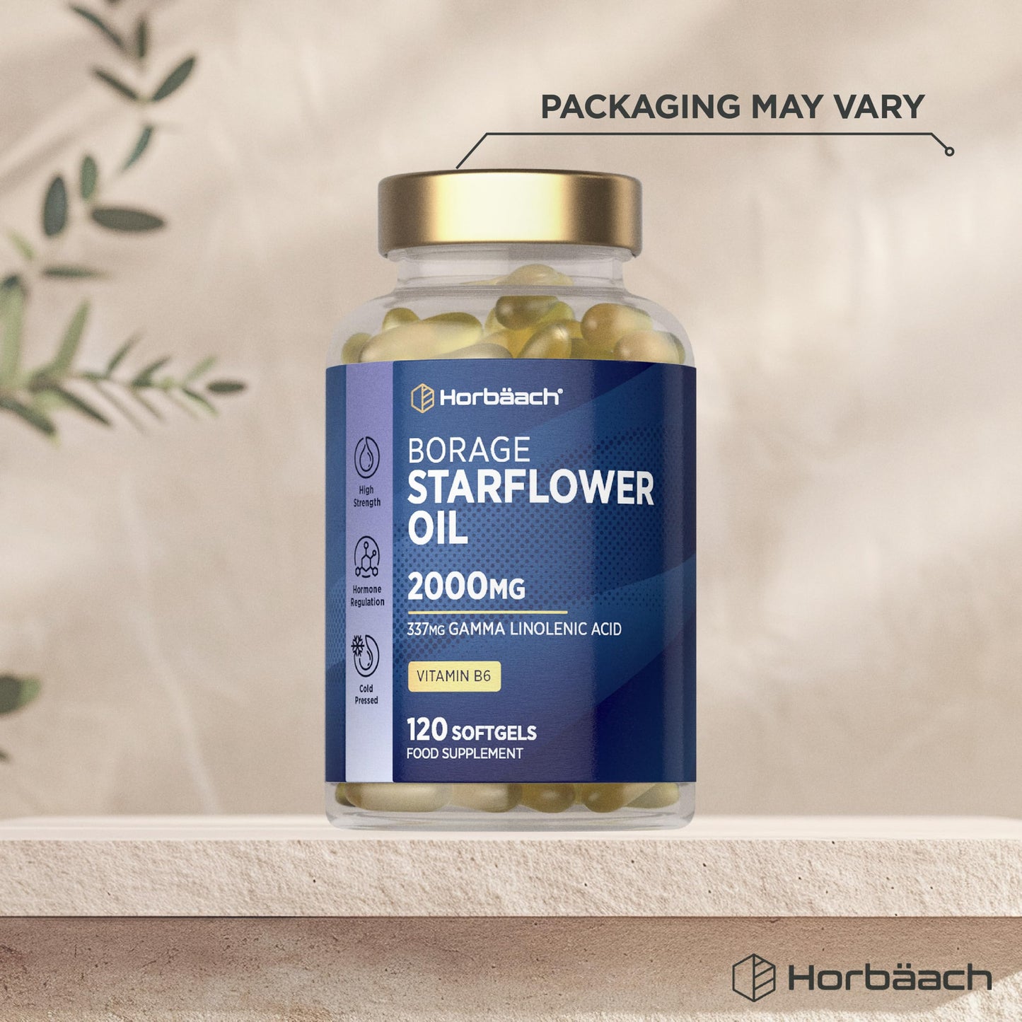 Horbäach Starflower Oil Capsules 2000mg | High Strength GLA | Cold-Pressed Borage Oil with Vitamin B6 | Natural Source of Omega-6 | 120 Softgels | by Horbaach