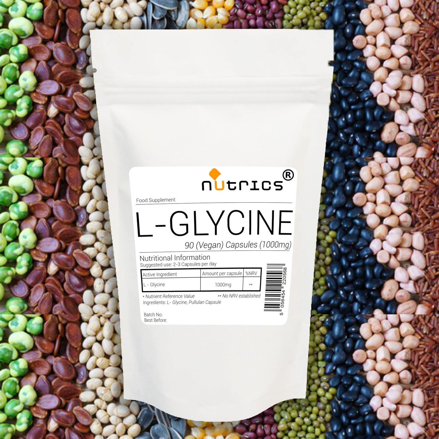 Nutrics® 1000mg L GLYCINE L-Glycine Amino Acid x 100% PURE 90 V Capsules (1 Month Supply) - Suitable for Vegan Vegetarian Halal Kosher