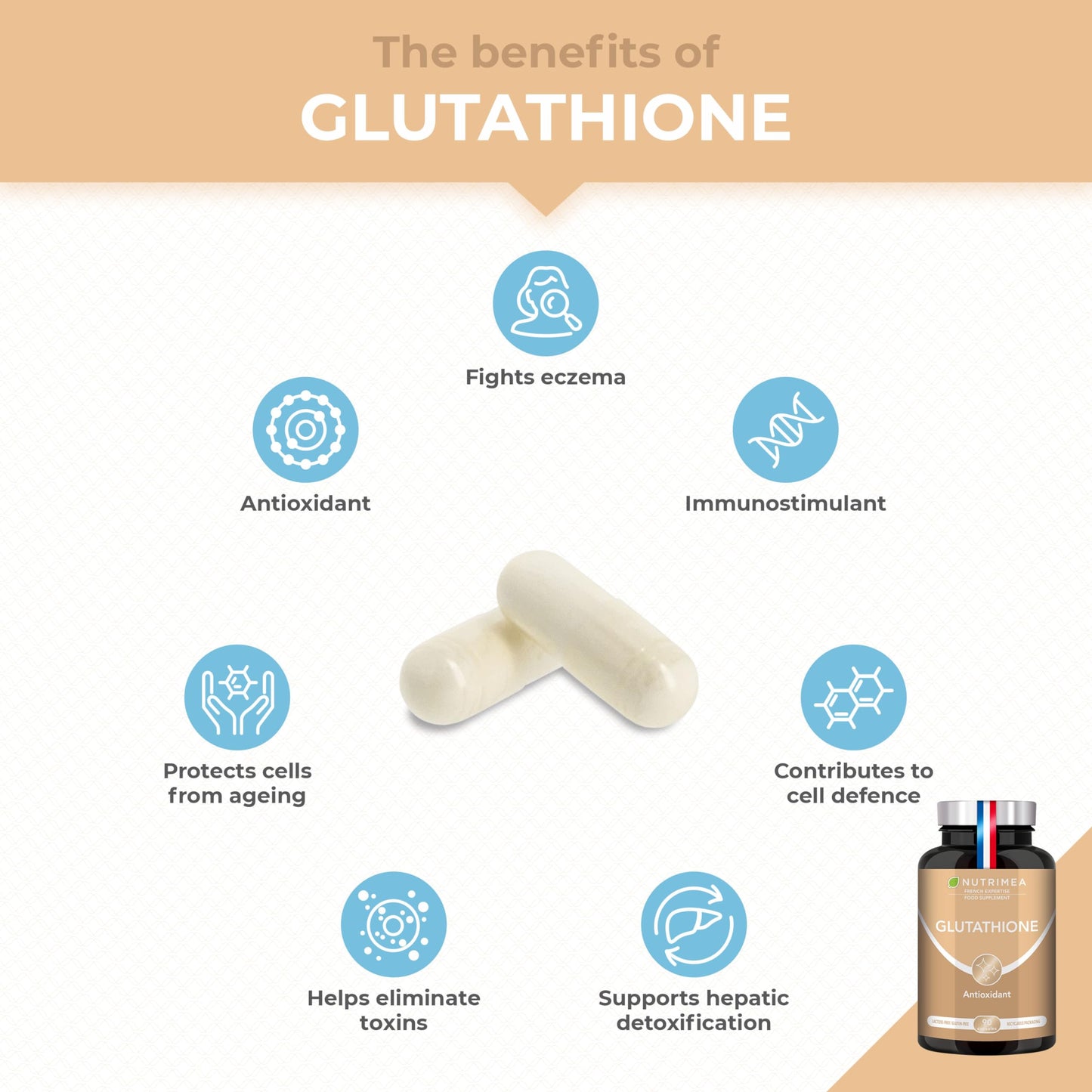 Glutathione - Reduced to 98% - Formula with Precursors Including NAC + Vitamin C - Boosts Immunity, Antioxidant, Anti-ageing, Brighter Skin - 90 Vegan Capsules - Nutrimea - Made in France