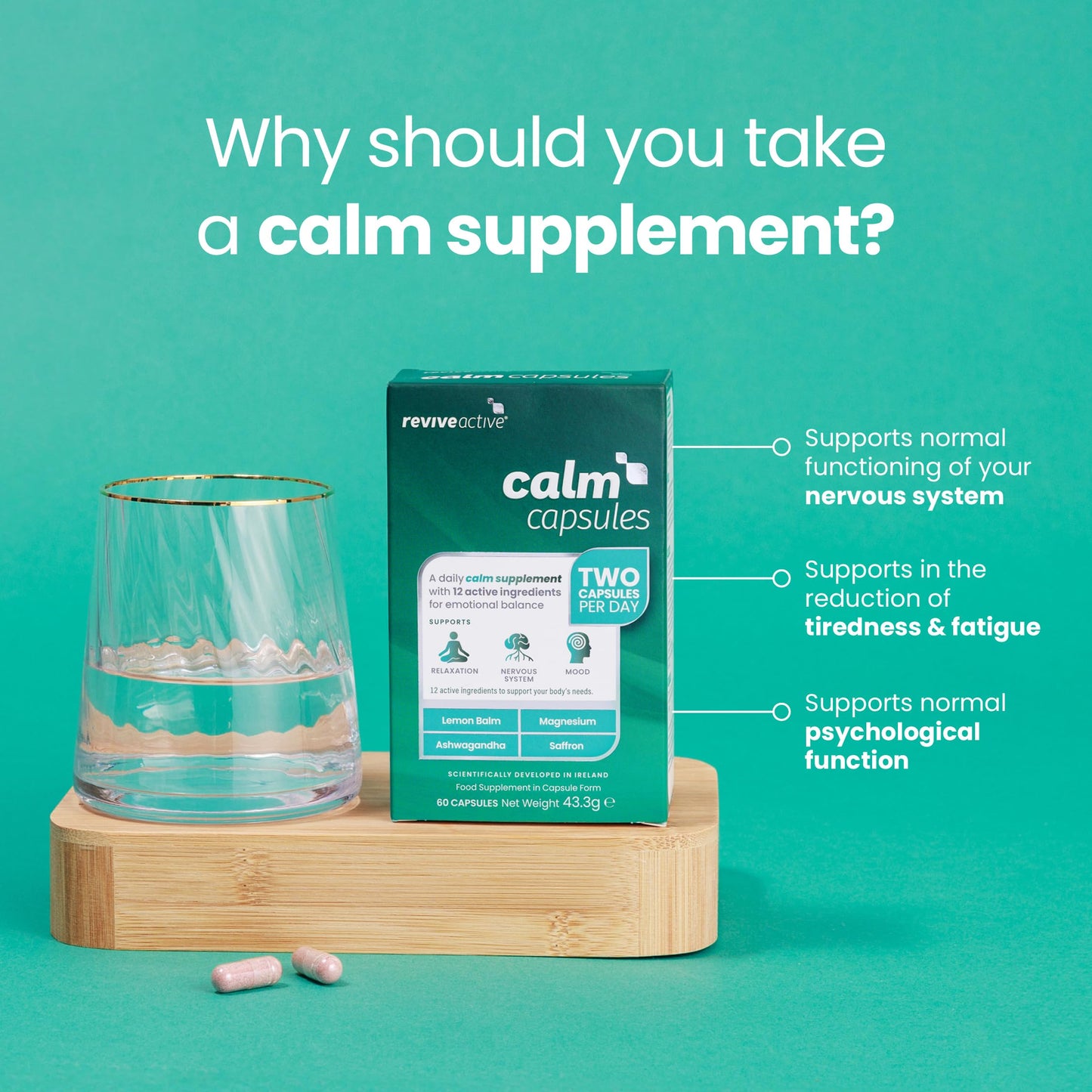 Revive Active Calm Capsules - 12 Active Ingredients in 1 Daily Sachet - Ashwagandha with Essential Vitamins and Magnesium - Supports Energy Levels, Nervous System, Relaxation & Mood - 60 Capsules